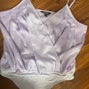 Express Lilac Satin Surplice Bodysuit Top